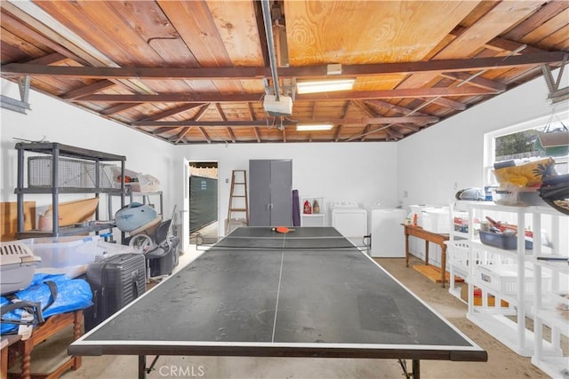 5314 E 4th St, Long Beach, CA 90814 - game room featuring a garage, concrete flooring, lofted ceiling, wooden ceiling, and washing machine and dryer