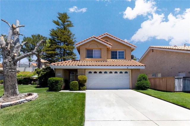 10693 Berrywood Cir, Yucaipa, CA 92399 - view of front of home with concrete driveway, an attached garage, a tile roof, and stucco siding