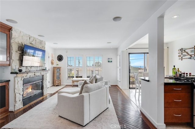 living room featuring a fireplace, wood finished floors, and baseboards