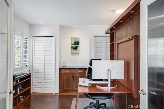 office space with dark wood finished floors and recessed lighting