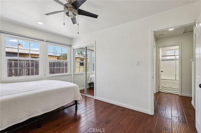 bedroom featuring hardwood / wood-style floors, baseboards, a closet, recessed lighting, and a ceiling fan