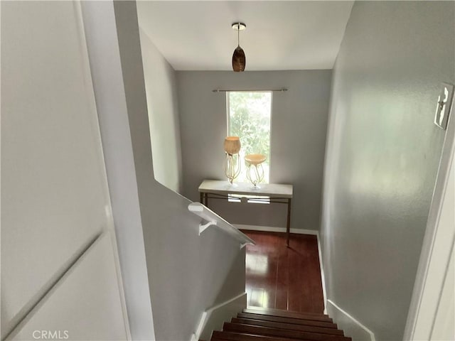 staircase with wood finished floors and baseboards