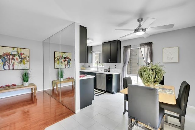 9917 Independence Ave Unit C, Chatsworth, CA 91311 - kitchen featuring stainless steel dishwasher, ceiling fan, light countertops, and dark cabinets