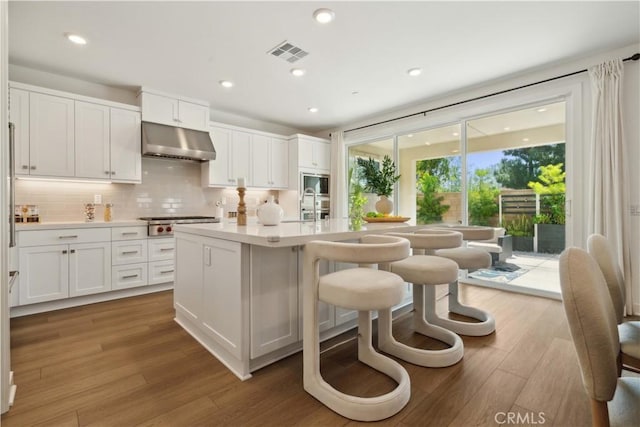 26288 Meadow Dr, San Juan Capistrano, CA 92675 - kitchen featuring under cabinet range hood, stainless steel gas stovetop, a kitchen breakfast bar, tasteful backsplash, and wood finished floors