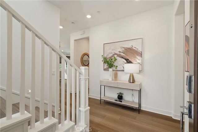 26288 Meadow Dr, San Juan Capistrano, CA 92675 - entrance foyer with wood finished floors, stairway, recessed lighting, and baseboards