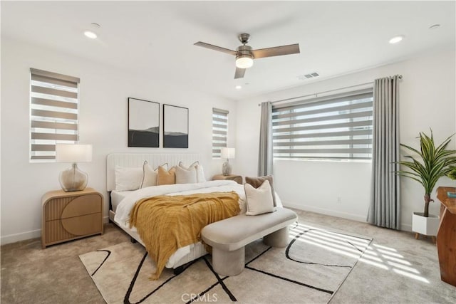 26288 Meadow Dr, San Juan Capistrano, CA 92675 - bedroom with light carpet, baseboards, recessed lighting, and a ceiling fan