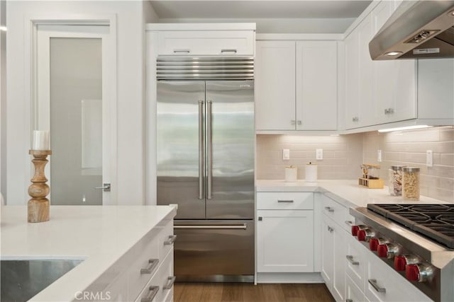 26288 Meadow Dr, San Juan Capistrano, CA 92675 - kitchen featuring appliances with stainless steel finishes, wall chimney exhaust hood, white cabinets, light countertops, and backsplash