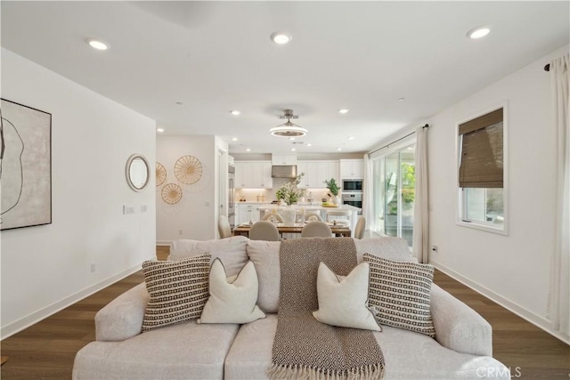 26288 Meadow Dr, San Juan Capistrano, CA 92675 - living room with recessed lighting, dark wood-style floors, and baseboards