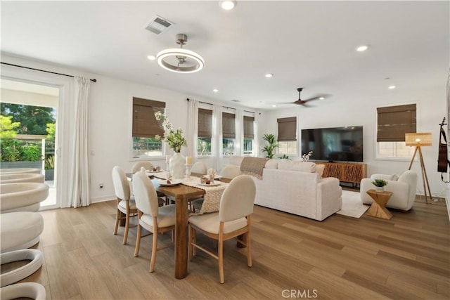 26288 Meadow Dr, San Juan Capistrano, CA 92675 - dining room featuring light wood-style floors, recessed lighting, ceiling fan, and baseboards