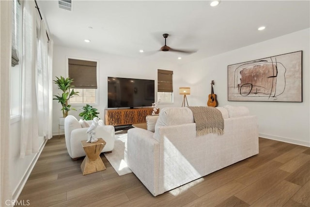 26288 Meadow Dr, San Juan Capistrano, CA 92675 - living area featuring a ceiling fan, wood finished floors, recessed lighting, and baseboards