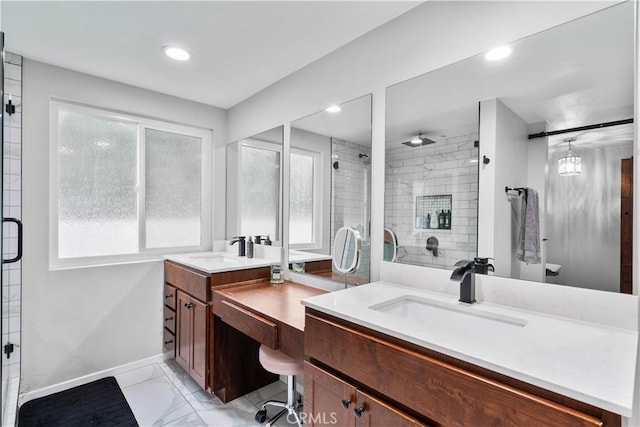 full bath featuring plenty of natural light, a stall shower, baseboards, marble look tile flooring, and recessed lighting