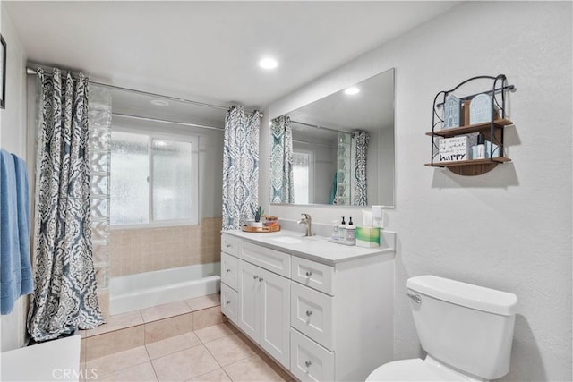 2485 San Mateo Dr, Upland, CA 91784 - bathroom with vanity, tile patterned floors, recessed lighting, and shower / bath combo with shower curtain