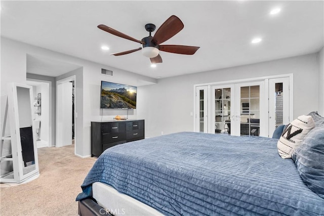 bedroom featuring french doors, carpet flooring, access to exterior, recessed lighting, and baseboards