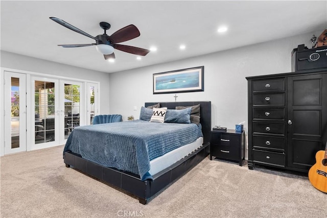 bedroom with light carpet, access to outside, french doors, recessed lighting, and ceiling fan