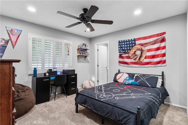 2485 San Mateo Dr, Upland, CA 91784 - bedroom featuring carpet floors, recessed lighting, an office area, and ceiling fan