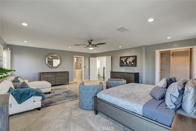 8910 S 3rd Ave, Inglewood, CA 90305 - bedroom with carpet floors, recessed lighting, ceiling fan, connected bathroom, and a spacious closet