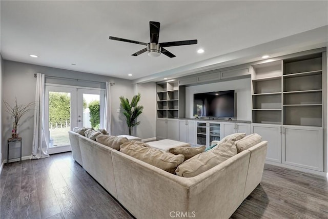 8910 S 3rd Ave, Inglewood, CA 90305 - living room featuring wood finished floors, ceiling fan, recessed lighting, french doors, and baseboards