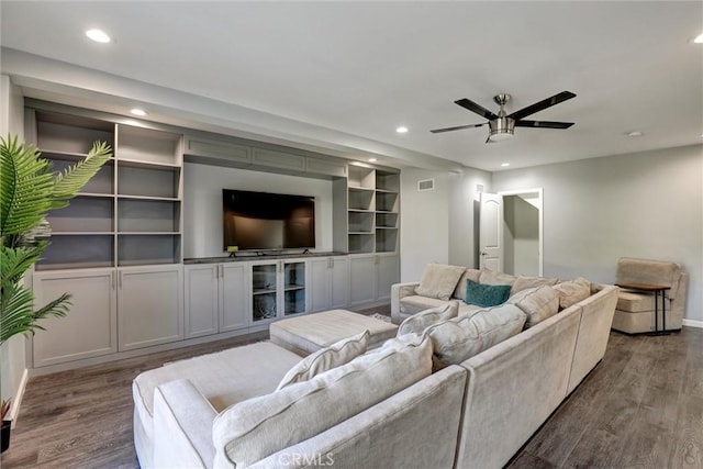 8910 S 3rd Ave, Inglewood, CA 90305 - living area featuring recessed lighting, dark wood finished floors, a ceiling fan, baseboards, and built in features