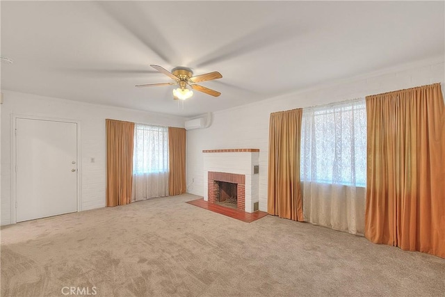321 Aguirre Ln, Placentia, CA 92870 - unfurnished living room with ceiling fan, a wall unit AC, carpet floors, and a brick fireplace