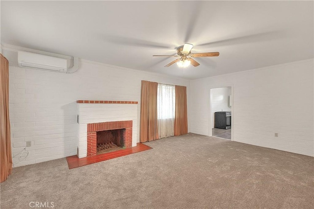 321 Aguirre Ln, Placentia, CA 92870 - unfurnished living room featuring an AC wall unit, ceiling fan, carpet floors, a brick fireplace, and brick wall