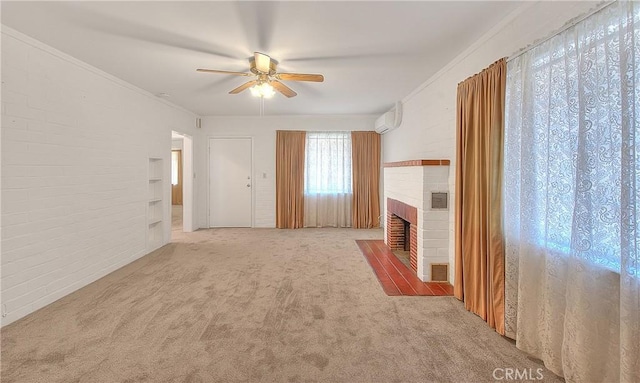 321 Aguirre Ln, Placentia, CA 92870 - unfurnished living room with carpet floors, a ceiling fan, a brick fireplace, an AC wall unit, and ornamental molding