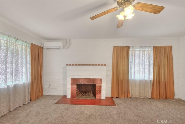 321 Aguirre Ln, Placentia, CA 92870 - unfurnished living room featuring a wall mounted air conditioner, carpet flooring, a ceiling fan, a brick fireplace, and crown molding