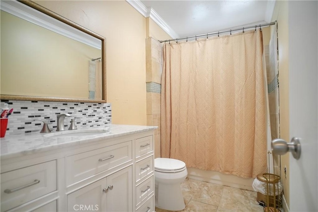 full bathroom featuring ornamental molding, toilet, tasteful backsplash, vanity, and tile patterned floors