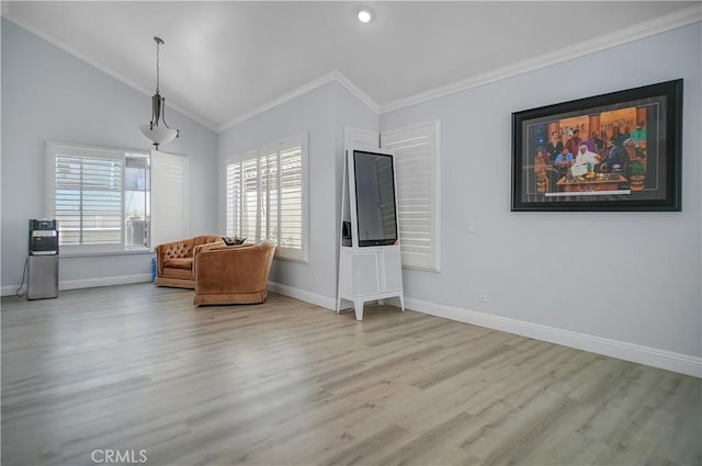 20171 Corona St, Corona, CA 92881 - living area with ornamental molding, wood finished floors, baseboards, lofted ceiling, and recessed lighting