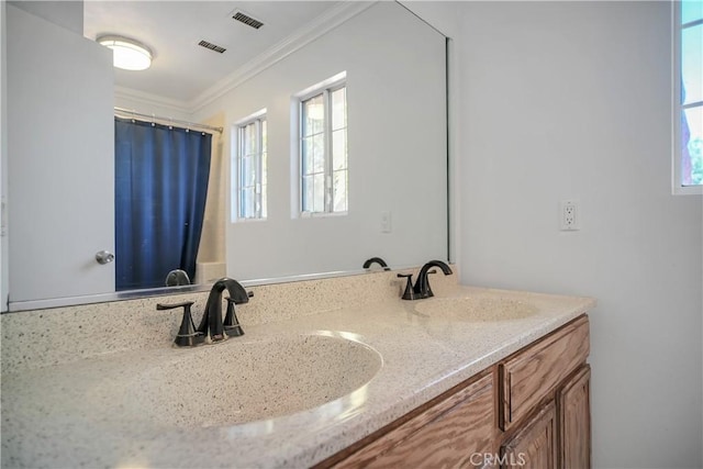 full bathroom featuring double vanity and crown molding
