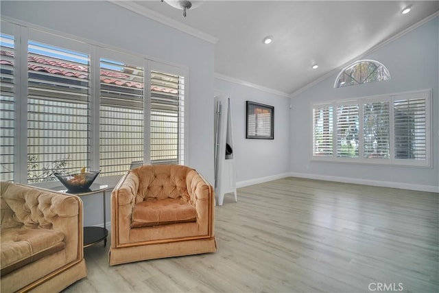 20171 Corona St, Corona, CA 92881 - living area featuring light wood-type flooring, vaulted ceiling, ornamental molding, baseboards, and recessed lighting