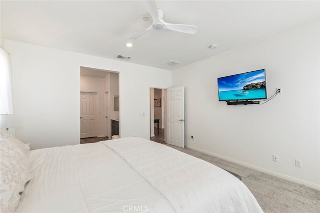 41215 Alegria Ln, Lake Elsinore, CA 92532 - carpeted bedroom with baseboards, ceiling fan, and connected bathroom