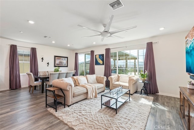 41215 Alegria Ln, Lake Elsinore, CA 92532 - living area with wood finished floors, a ceiling fan, recessed lighting, and baseboards