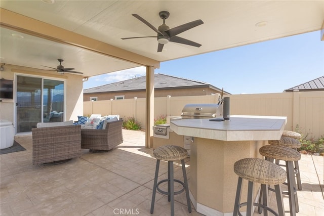 41215 Alegria Ln, Lake Elsinore, CA 92532 - view of patio / terrace featuring fence, outdoor lounge area, ceiling fan, and area for grilling