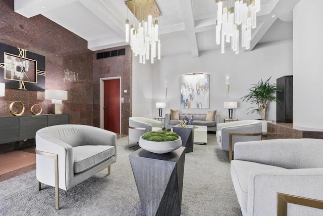 lobby with beam ceiling and coffered ceiling