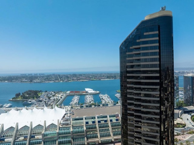 water view with a marina and nearby urban area