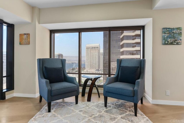 sitting room with baseboards, wood finished floors, and a city view