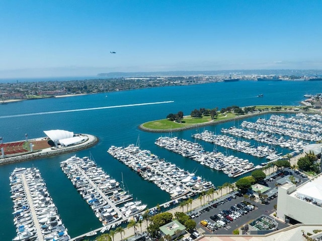 aerial view of a marina and a nearby body of water