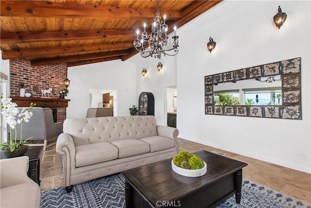 6731 Via De La Reina, Bonsall, CA 92003 - living area featuring wood ceiling, a chandelier, baseboards, beamed ceiling, and a brick fireplace
