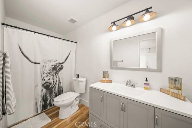 full bath featuring wood finished floors, vanity, and toilet