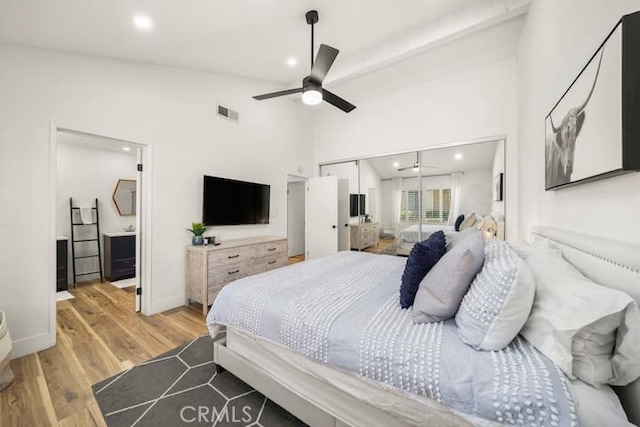 bedroom featuring recessed lighting, a closet, light wood-type flooring, baseboards, and ceiling fan
