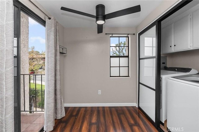 201 Lanai Ln, Placentia, CA 92870 - clothes washing area featuring cabinet space, independent washer and dryer, a ceiling fan, dark wood-style floors, and baseboards