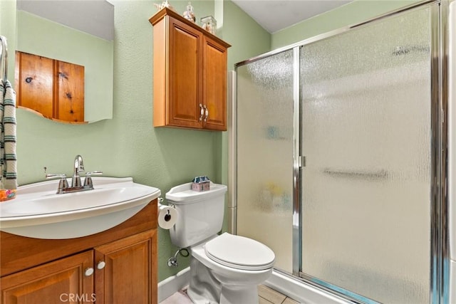 2831 Foothill Blvd, Oroville, CA 95966 - bathroom featuring a shower stall, tile patterned flooring, vanity, and toilet