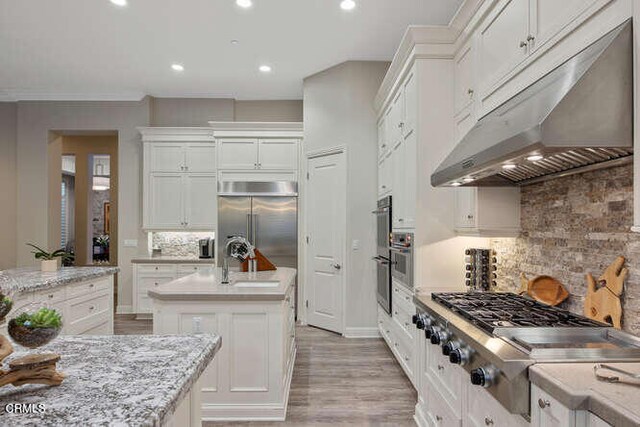 kitchen with under cabinet range hood, appliances with stainless steel finishes, a sink, light wood-type flooring, and white cabinetry