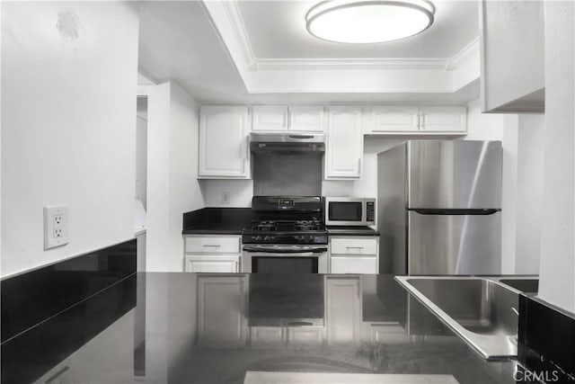 kitchen with stainless steel appliances, ornamental molding, dark countertops, a sink, and under cabinet range hood