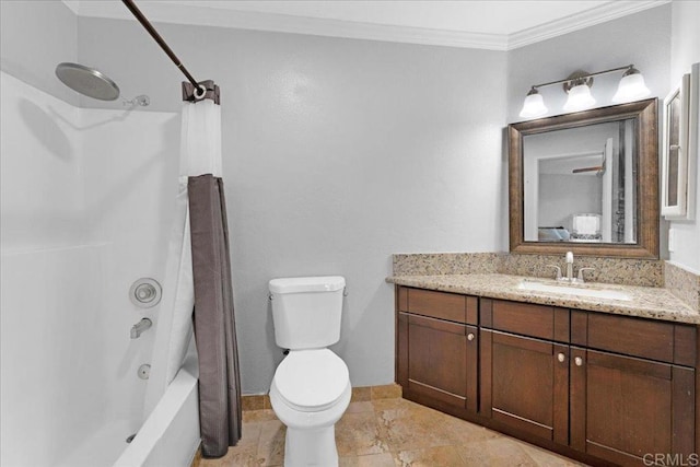 bathroom with ornamental molding, shower / tub combo, vanity, toilet, and baseboards