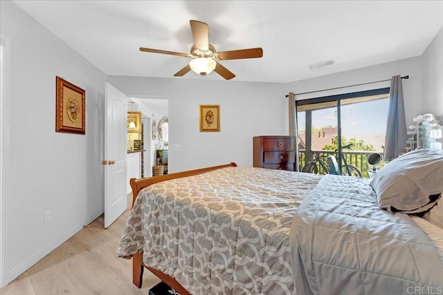 bedroom with access to exterior, light wood-type flooring, baseboards, and ceiling fan