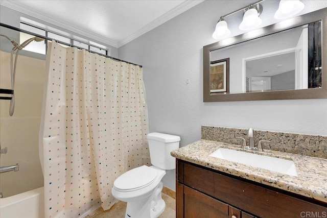 full bath with ornamental molding, toilet, vanity, and shower / tub combo