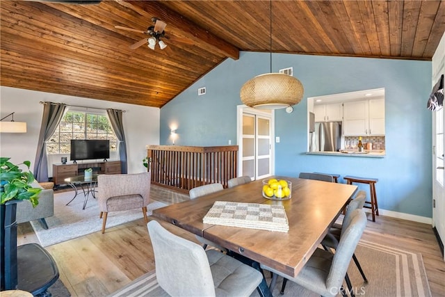 dining space with wooden ceiling, light wood-style floors, ceiling fan, beamed ceiling, and baseboards