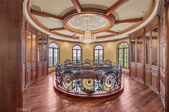 328 N Terrace View Dr, Monrovia, CA 91016 - interior space featuring coffered ceiling, ornamental molding, and beamed ceiling