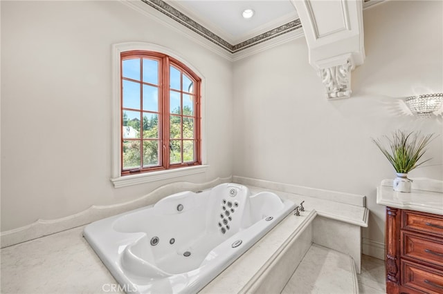 328 N Terrace View Dr, Monrovia, CA 91016 - bathroom featuring crown molding, a jetted tub, and vanity